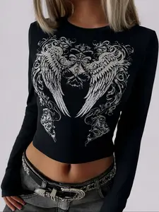 Women's Wing Print Graphic Slim Fit Top, Spring & Fall Casual Long Sleeve Tee, Elastic Bottom Layering Shirt, Fashionable Daily Wear
