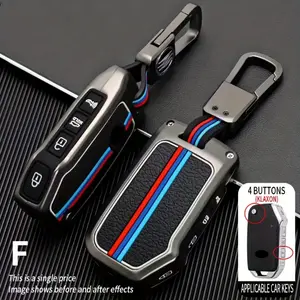 car bracket Durable Alloy for KIA 3/4 Button Folding Key Cover with Carabiner Clip - Compatible with Cerato, Ceed, Forte, Niro, Sorento, Seltos, Sportage, K5, K3, Cadenza, KX7, KX5, KX3 Models - Black Textured Design with White & Blue Strip