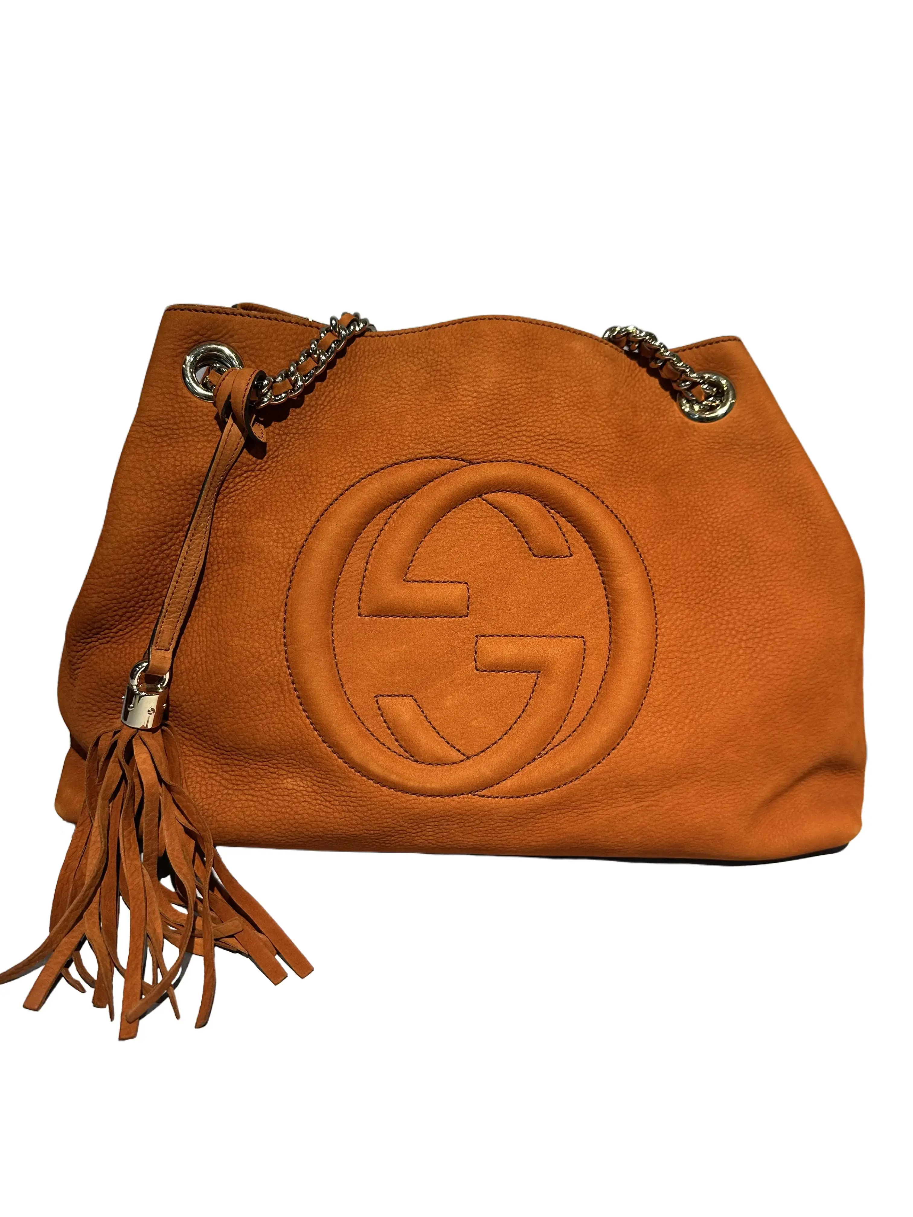 Pre-owned GUCCI Orange Soft Suede Retro Soho Fringe Tote Bag Comfortable Charming Shoulder Bag, TKB10000032, Shoulder Bags, Commuting