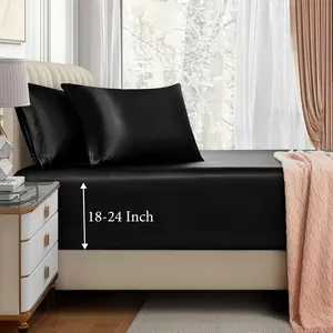 3 count Extra Deep Pocket Satin Fitted Sheet Set  Bed Set, Black Bottom Sheet Fit 18-24 Inch Deep Pocket Mattress, Silky Bedding Set Soft & Ultra Deep Fitted Sheet & 2 Pillowcase