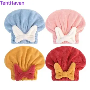 2026 4 sets of household coral velvet bow hair drying hats, shower caps, quick drying hats, dry hair towels, shower headrests, and hair cleaning tools
