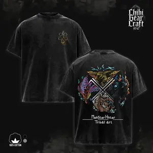 Monster Hunter Tribal Art Fated Four Vintage Washed Oversized T-Shirt & Hoodie | Retro Gaming Graphic Tee | Acid Wash Faded Streetwear Merch