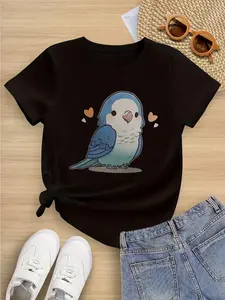 Adorable Bird Print Kids T-Shirt | Cute Blue & White Graphic Tee | Soft Cotton Crewneck | Back to School Outfit | Girls' Summer Top | Playful Classroom Style #BackToSchoolTee