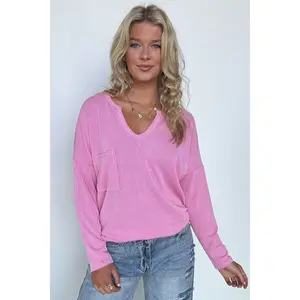 Casual Chic Rib Knit Patch Pocket V-Neck Top - FINAL SALE