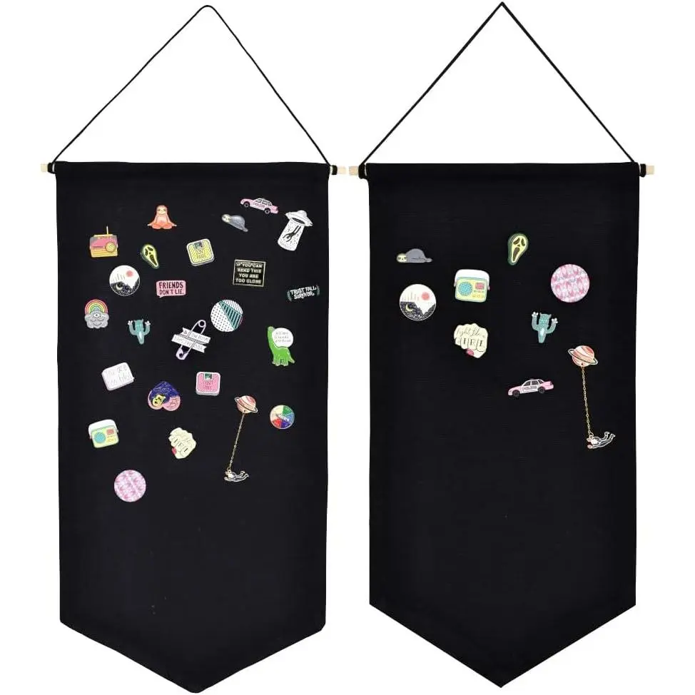 2 count Wall Hanging Brooch  Storage Case Canvas Display Stand Enamel Pin Display Banner Holder Earrings Necklace Glitter Pin Collection Organizer (Black+Black)