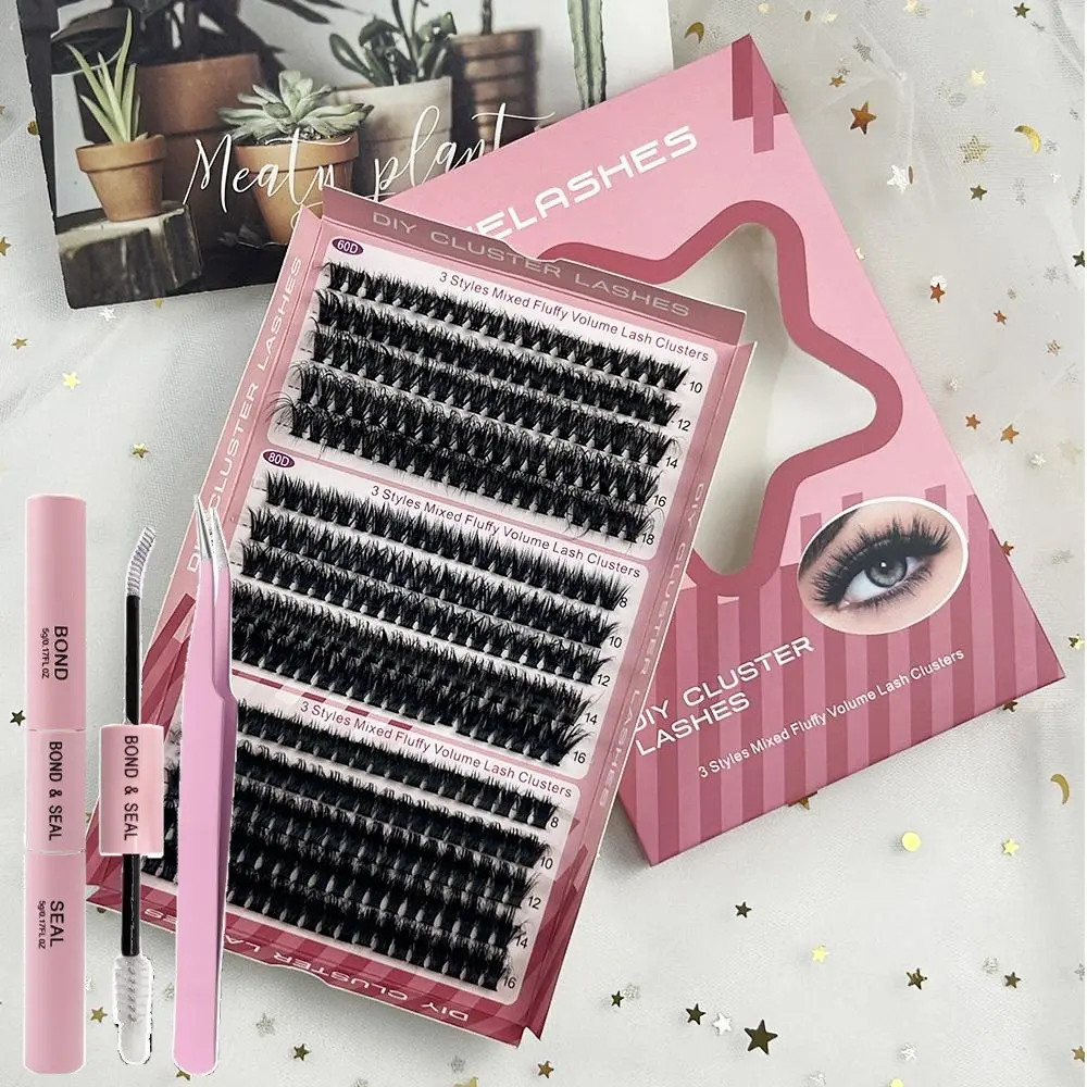3 in 1 set 300 pcs Fluffy Lash Clusters Eyelash Extensions Kit with Tweezers Bond & Seal 8-16mm Light Volume Wispy Professional Makeup Lashes Easy DIY Non Irritating High Quality 3D Lash Bottom Supplies Set Flawless