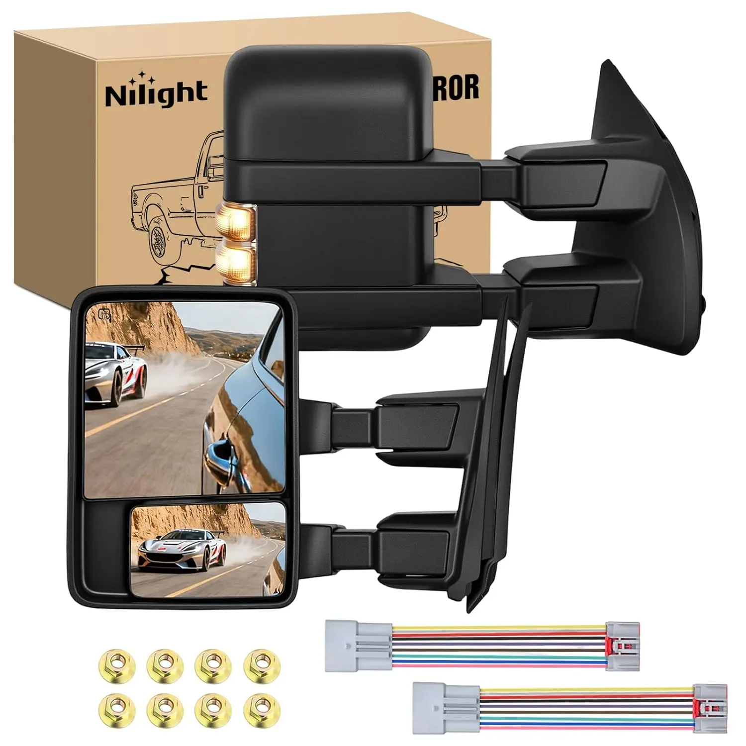 Nilight ABS Towing Mirrors for 2008-2016 Ford F250-F550 Super Duty, Plug-and-Play Car Exterior Accessories with Turn Signal, Puddle Lights, Power Heated Adjustable Glass, Manual Telescoping, Manual Folding, Plug Play