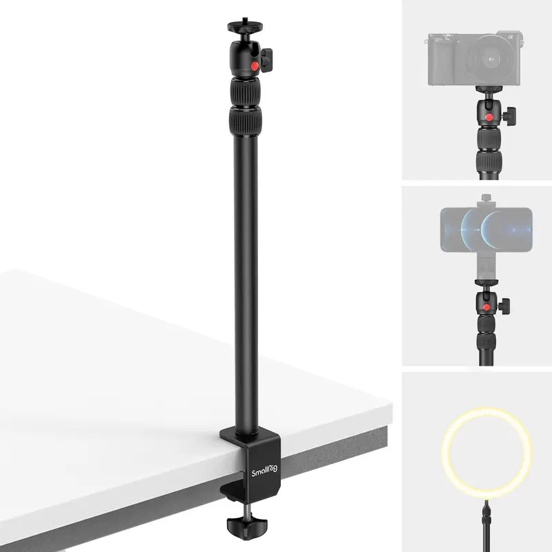 SmallRig 3488 Camera Desk Table Stand - 15-35in Height Adjustable Tripod, Photography Lighting Kit, Cellphone Stabilizer with 1/4in Ball Head, C-Clamp, Filming Adapter for Streamer Setup (Tripod for iPhone, Vlogging Gear)