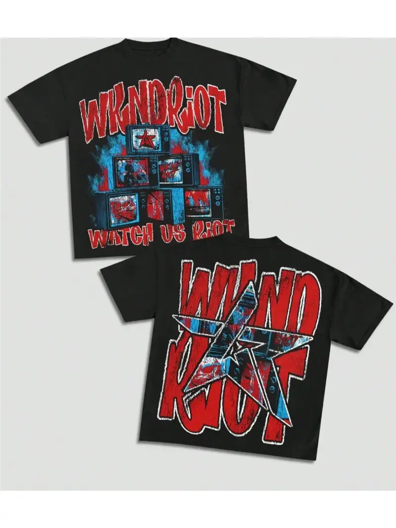 Men's Y2K Streetwear T-Shirt - Bold "WKNDRIOT WATCH US RIOT" Double-Sided Graphic Tee - Loose Fit Hip-Hop Shirt - Heavyweight 180gsm Cotton - Black with Red/Blue Accents - Concert & Festival Outfit - Gift for Urban Street style, Festival Clothing