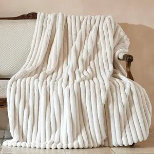 Faux Fur Throw Blanket for Couch – Cozy, Fuzzy, Fluffy, Soft Striped Plush Blanket for Sofa, Chair, Bed, or Living Room, 55"x70", Ivory