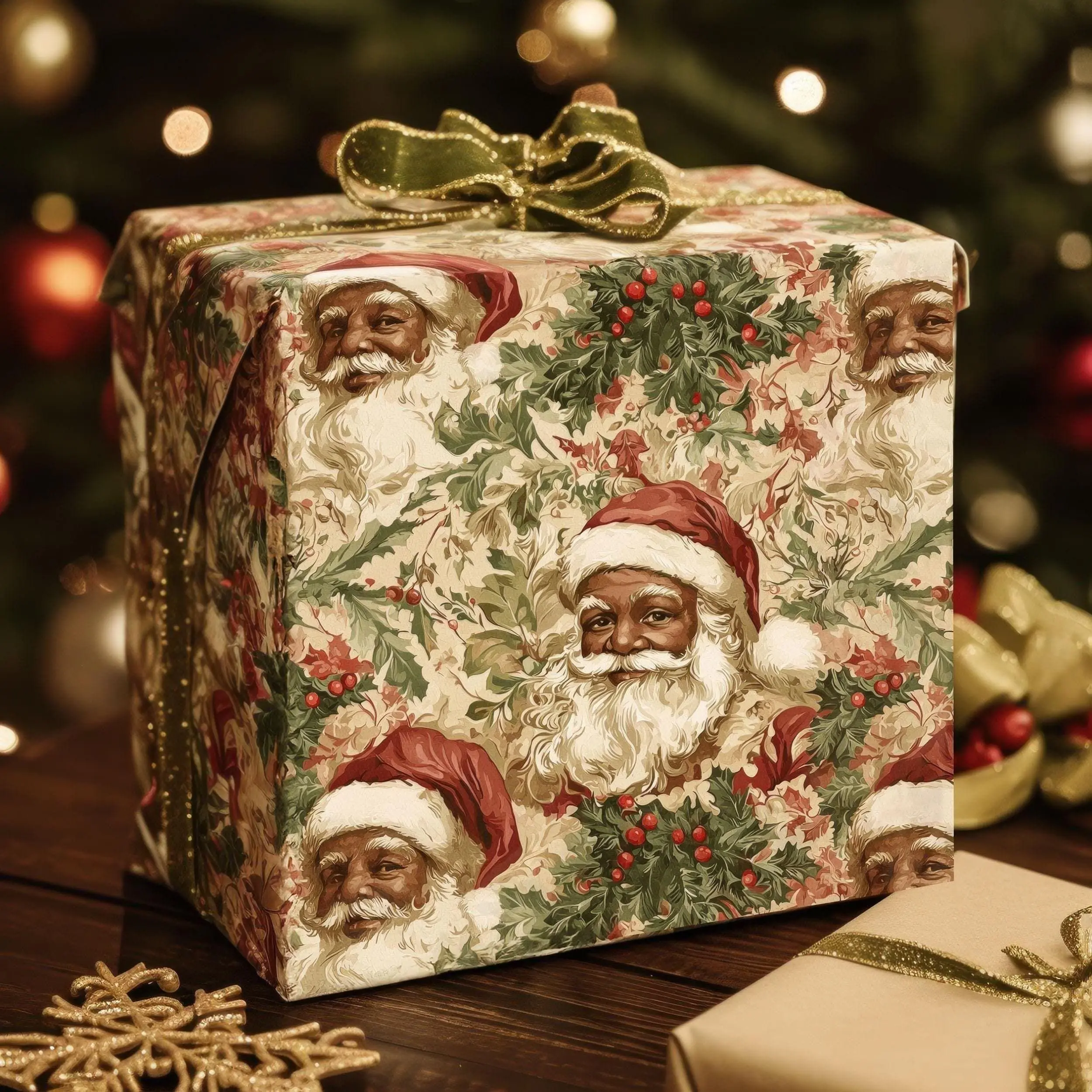 Vintage Black Santa Wrapping Paper - Nostalgic Holiday Gift Wrap, Festive Christmas Paper for Hostess Gifts