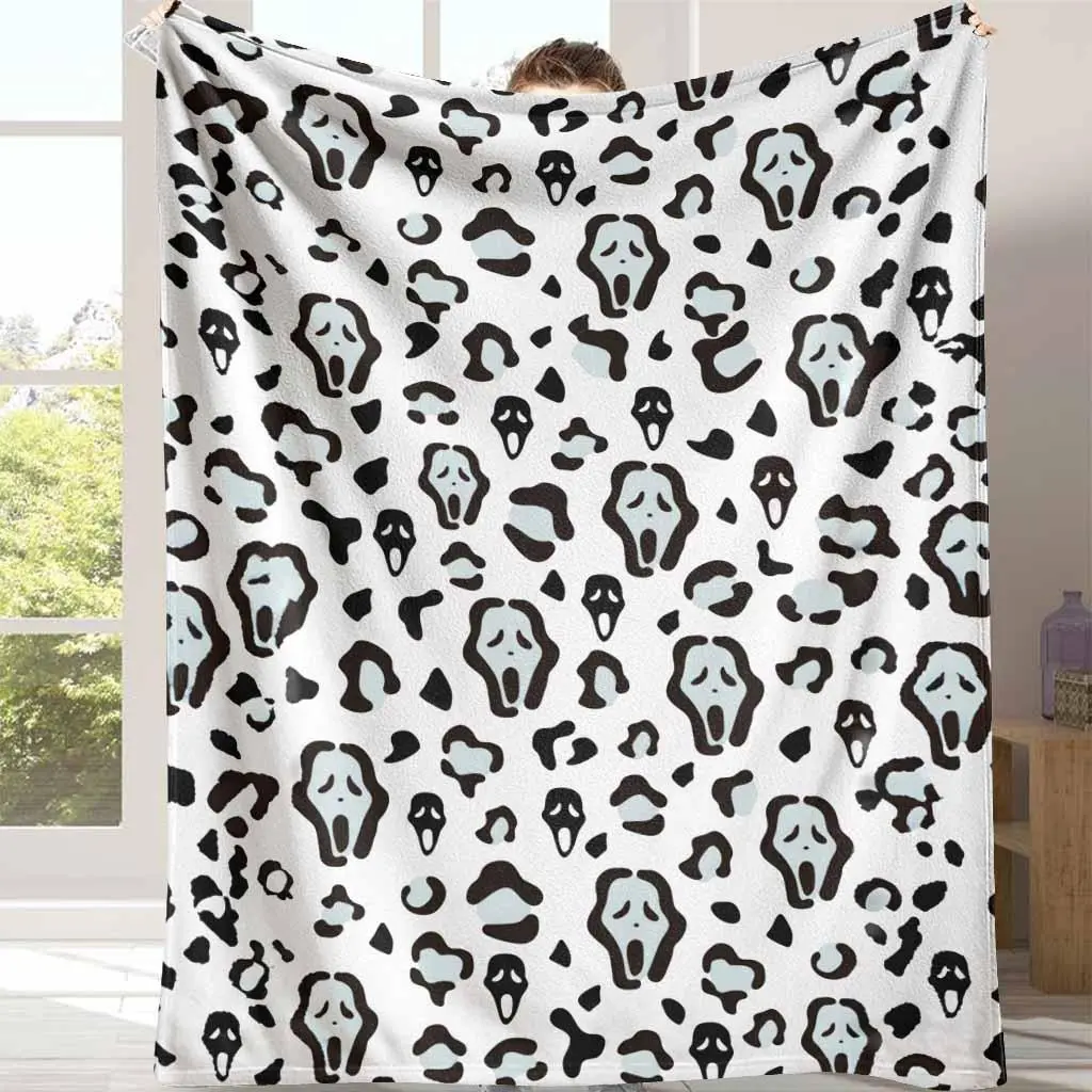 Spooky Ghost Face Leopard Print Flannel Throw Blanket - Multi-Size (30*40in, 50*60in), Ultra-Soft, Warm, Lightweight, Breathable, Wrinkle-Resistant, Stain-Resistant, Durable, Machine-Washable, Halloween Decor, Indoor/Outdoor Use, Couch Ideal, Kid Gifts, H