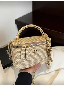 1 New Minimalist Casual Versatile Woven Straw Hat Lunch Bag Chain Strap Crossbody Bag Holiday Hot Selling Small Shoulder Crossbody Bag Casual Trendy Bag Crossbody Purses