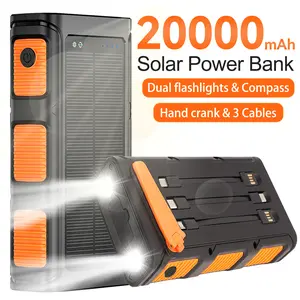20000mAh Portable Solar Charger Power Bank with Hand Crank & 3 Built-in Cables, 20W Fast Charging, 4-Input Battery Pack with Dual LED Lights & Compass