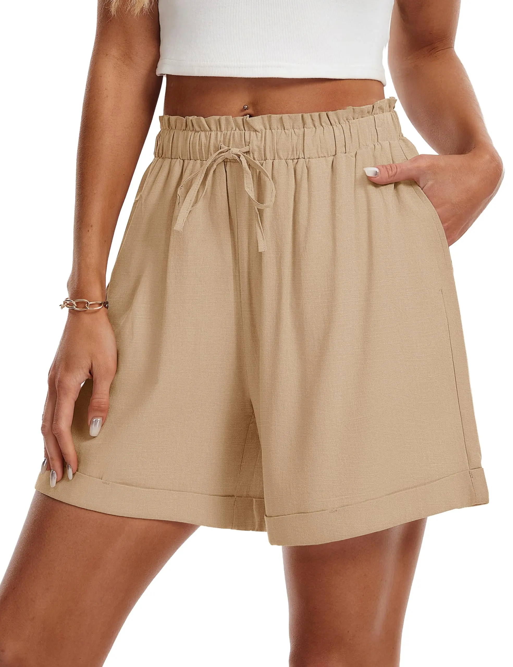 Cotrasen Womens Shorts Summer Cotton High Waist Wide Leg Beach Lounge Shorts | Breathable,Moisture-Wicking,Not See Through,Deep Pockets,Cuffed Hem,Suitable lounging outdoor activities