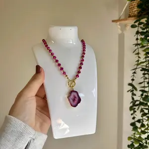 Fuchsia Crystal Necklace with Natural Pink Geode Pendant and Gold Accents