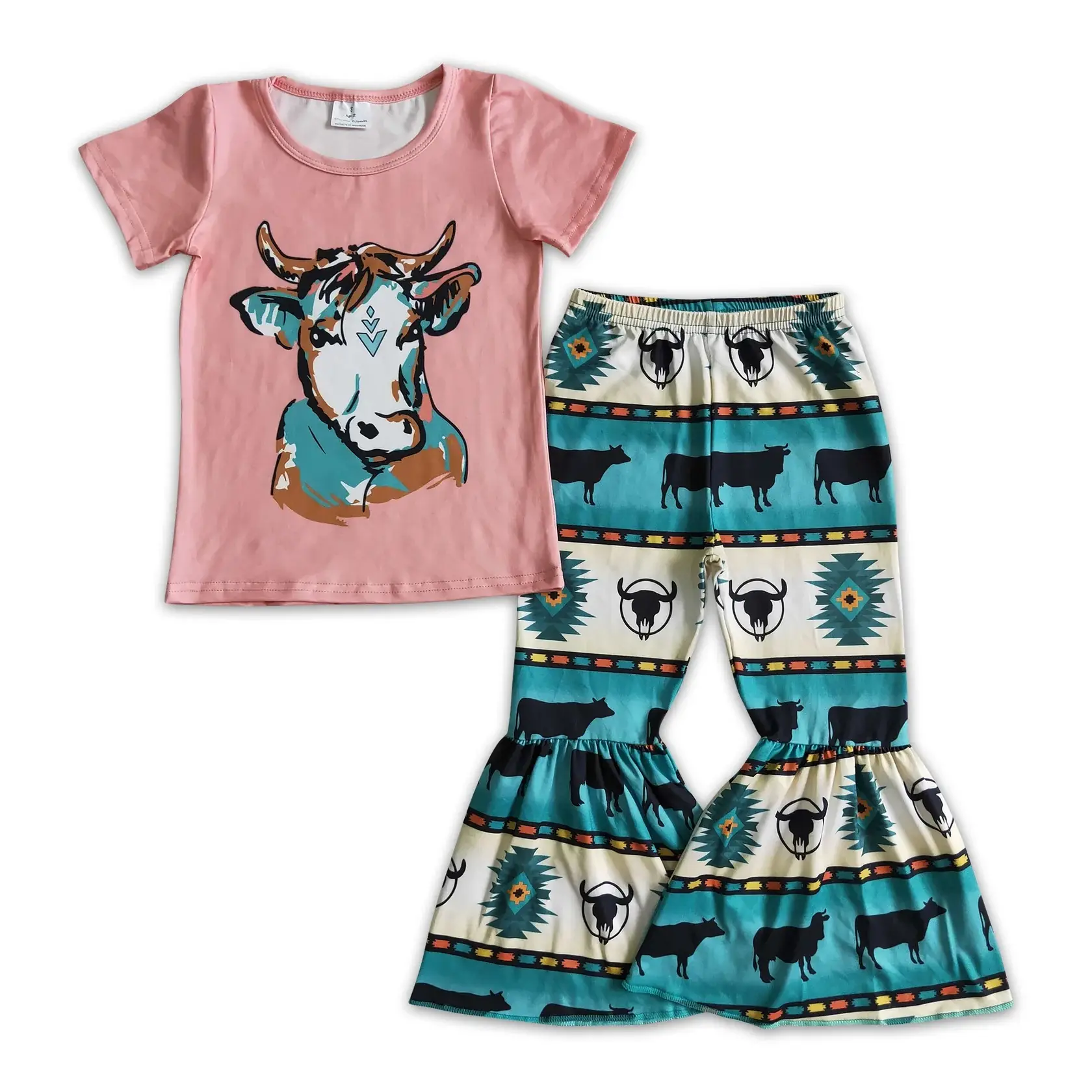Pink highland Cow Print Bellbottoms Girls & Baby Set