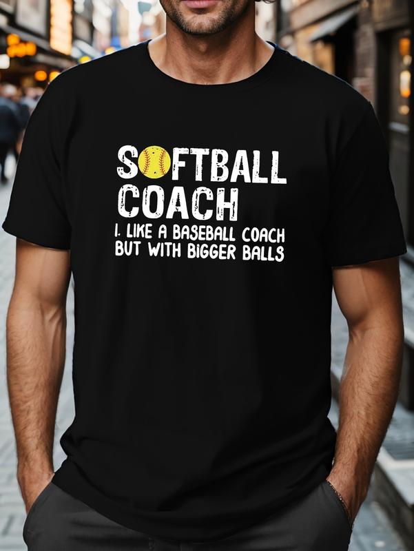 Large size men's "softball coach" pattern print t-shirt for summer, fashion casual short sleeve t-shirt for outdoor sports - for Dads, gym session, durable heavy cotton, for Women, vintage style