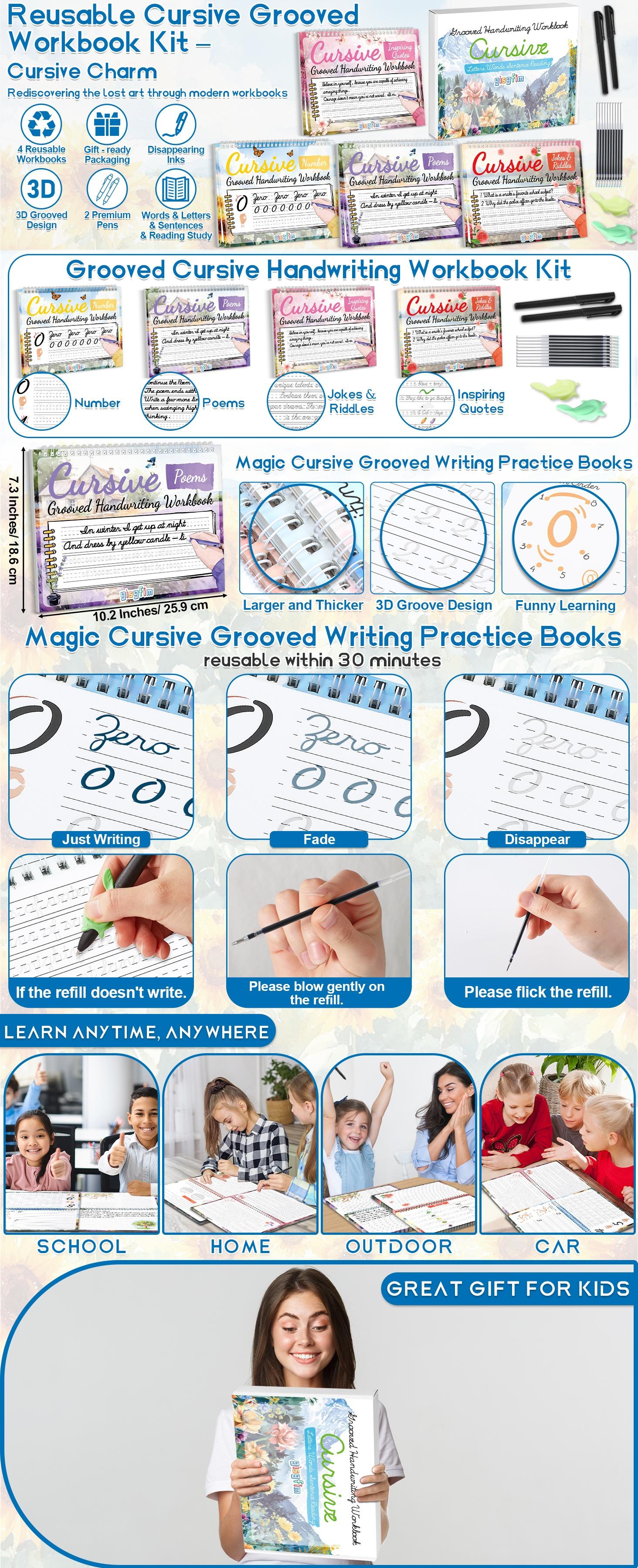 GISGFIM 4 Pack Grooved Cursive Handwriting Workbook Kit Magic Reusable Grooved Handwriting Practice with Disappearing Ink Pens Cursive Workbook for Kids Number Poems Jokes & Riddles Inspiring Quotes GISGFIM 4 Pack Grooved Cursive Handwriting Workbook Kit Magic Reusable Grooved Handwriting Practice with Disappearing Ink Pens Cursive Workbook for Kids Number Poems Jokes & Riddles Inspiring Quotes