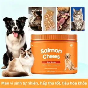 Salmon-flavored pet dog chewable tablets help support digestive function and enhance immunity. 120 tablets per bottle.