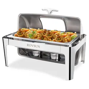 ROVSUN 9Quart 1 Pack Roll Top Chafing Dish Buffet Set, Stainless Steel Chafers for Catering, Rectangular Buffet Servers and Warmers Set with Glass Window for Parties, Banquet, Wedding, Full Size Plates