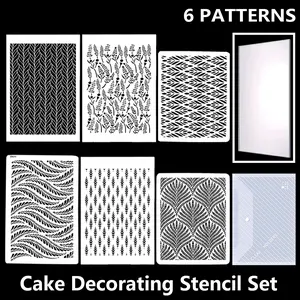 6-Piece Cake Decorating Stencil Set, Cake Decorating Kit, Background Texture & Pattern Combo Style, with Cake Scraper and Storage Bag
