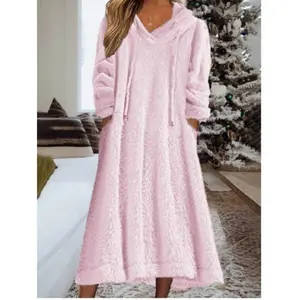 Women's Fuzzy Hooded Maxi Dress Long Sleeve with Pockets Cozy Sherpa Fabric Warm Comfortable Fit Winter Wear for Daily Lounging Indoor Relaxation Cold Days At Home Soft Fluffy Texture Versatile Outfit
