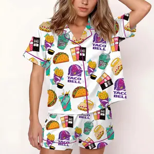 Taco Bell Short Satin Pajamas, Fast Food Print Sleepwear Set for Women, Silky Lounge Outfit, Fun Pajama Shorts, Taco Bell Fan Gifts