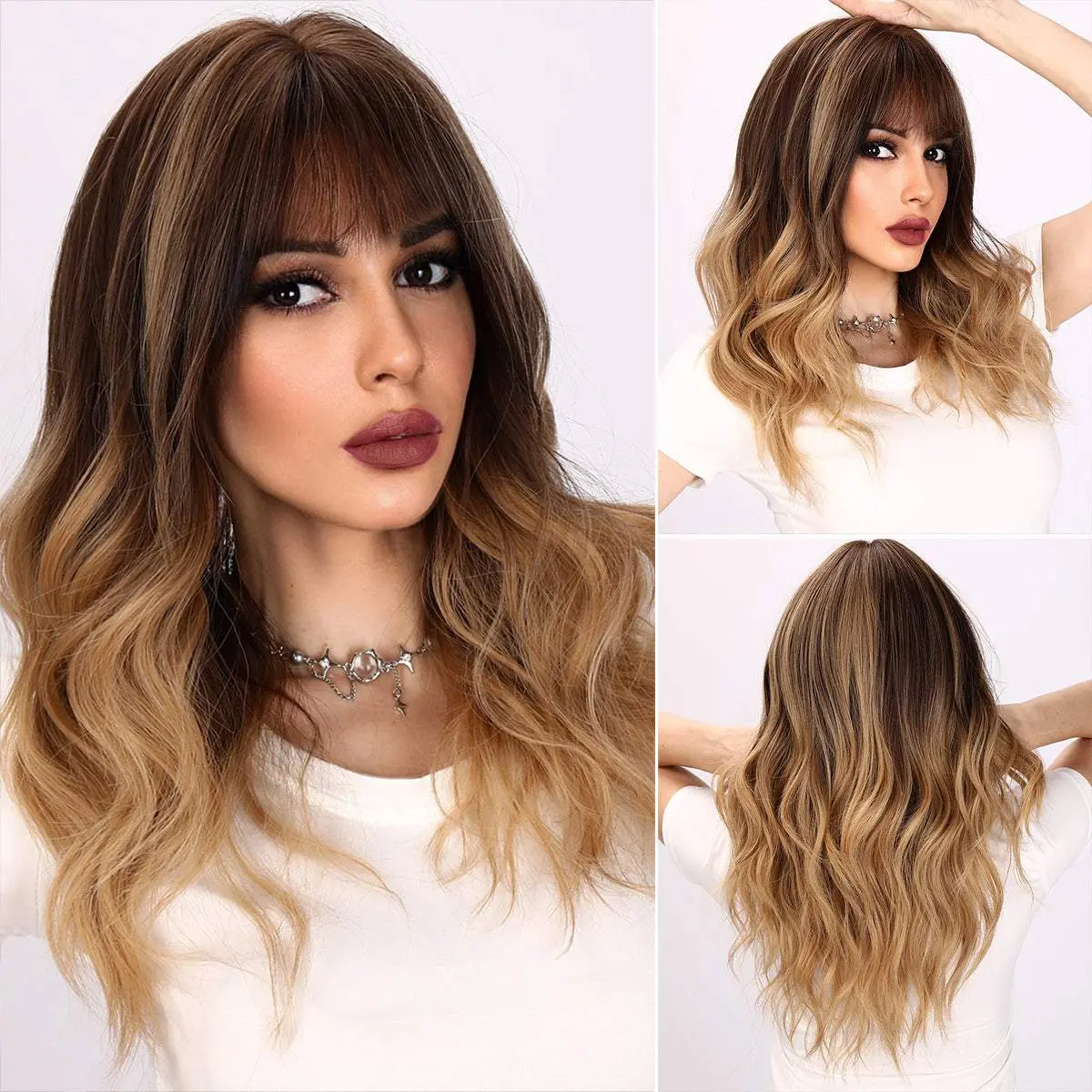 SMILCO/22-inch | Ombre Brown Yellow Loose Wave with Bangs | SM6090