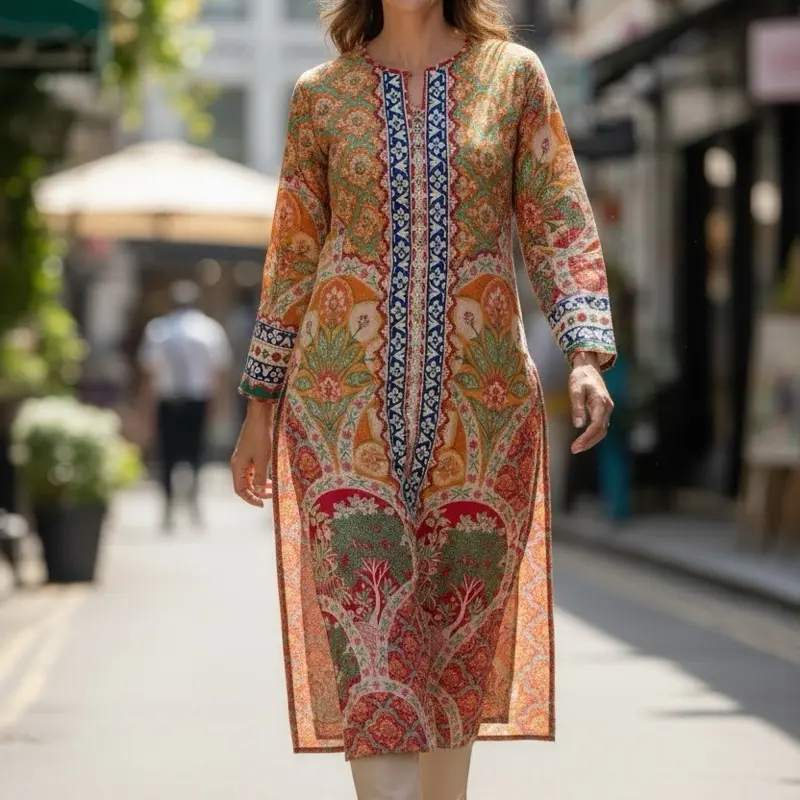 2-Piece Pakistani Printed Lawn Kurta Set with Cream Straight Pants | Women’s Modest Ethnic Outfit | Long Kurti Co-Ord Set | Summer Casual Wear