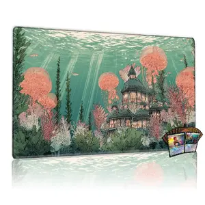 TCG, MTG, CCG RPG trading card game MATS, underwater fantasy scene with magical jellyfish and vibrant coral reef, 14×24 inches, anti-slip, washable, ideal for gaming tables and desktop decor.