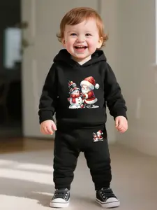 Boys' Casual Two-Piece Set, Fashion Hooded Sweatshirt and Pants, Christmas Cartoon Santa Claus and Snowman Print, Winter Fitted Style