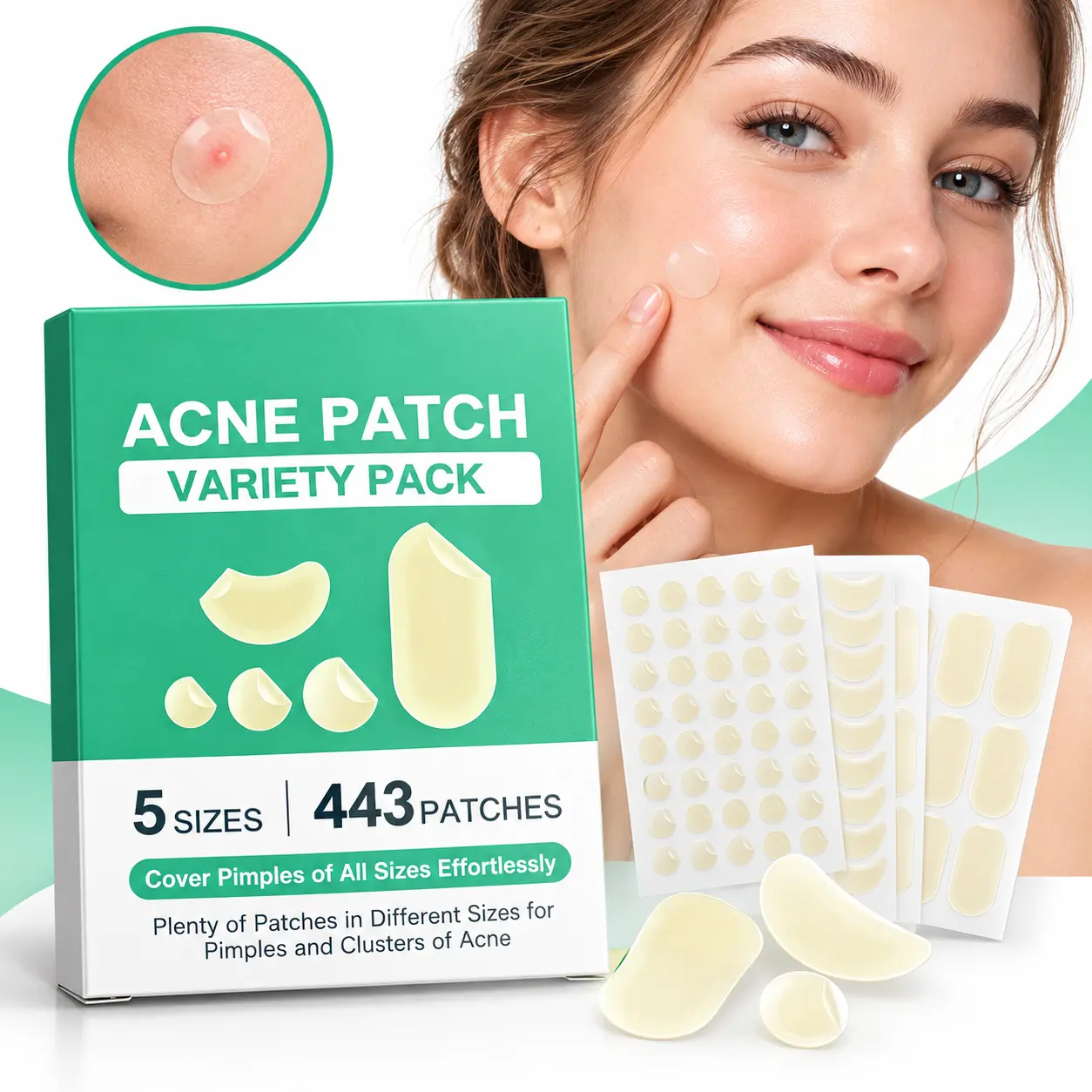 GTT 443-Piece Invisible Vegan Hydrocolloid Facial Pimple Patches Pack, 5 Sizes, Tea Tree Oil & Salicylic Acid Soothing Acne Treatment Spot Covers, Non-Toxic Gentle Peel Daily Skincare for Zits, Blemishes