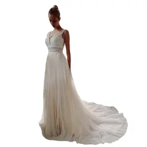 Bohemia V Neck Wedding Dress Elegant Stylish V Neck Design for Special Day Brides Sleeveless Glamorous Bohemian Style Plain Summer Dress for Brideswear