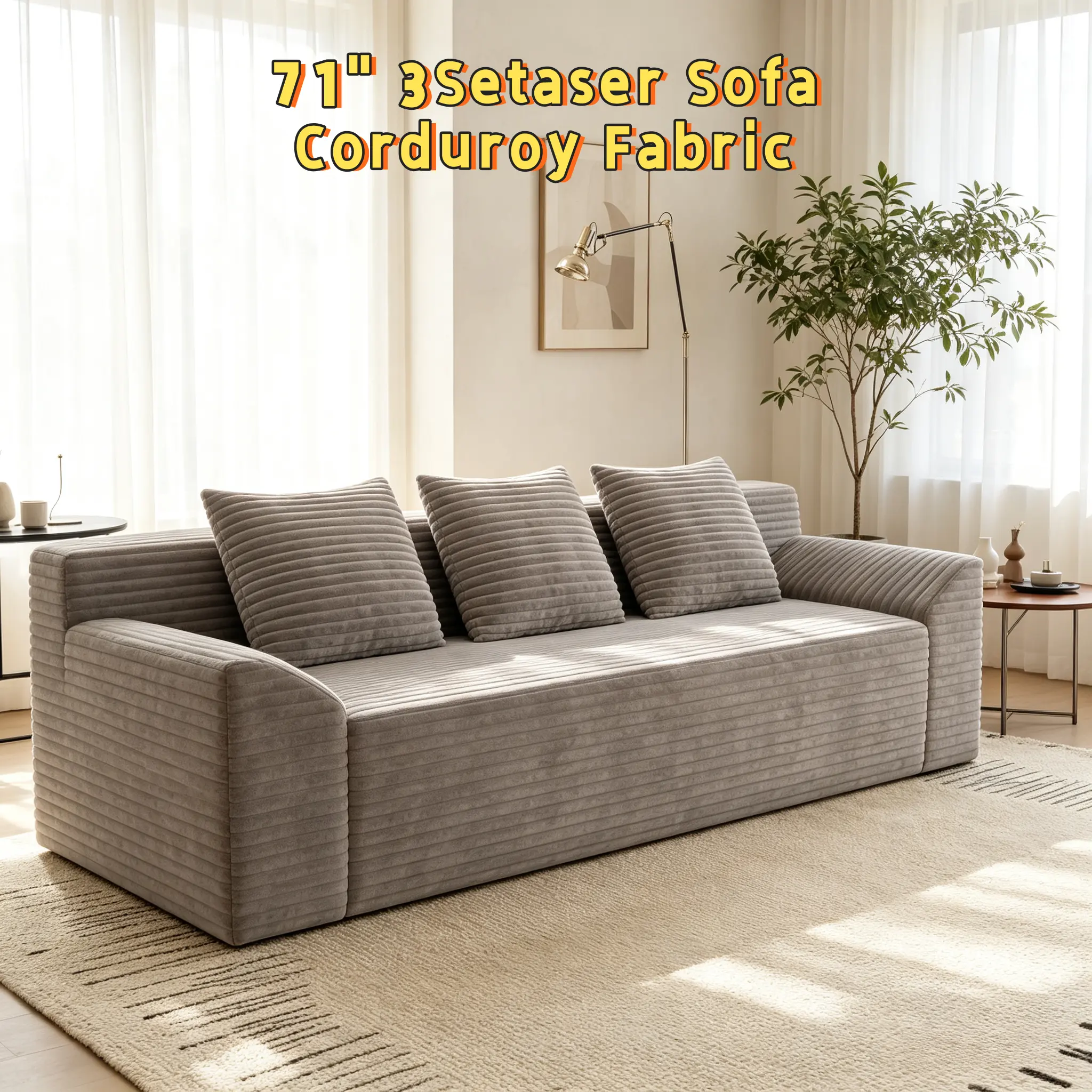 71 in 3-Piece Corduroy Modular Sofa Set - Modern, Ribbed Texture, Button Tufting, Deep Seat Cloud Couch, Comfy Loveseat, No Assembly, Living Room Use, Dual-Layer Cushion Support, Ergonomic High Back, Space-Saving Premium Fabric