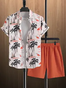 Men's Summer Vacation Tropical Boat Flamingo Print Set, Casual Two-Piece, Lightweight Breathable Fabric, Beachwear & Daily Wear