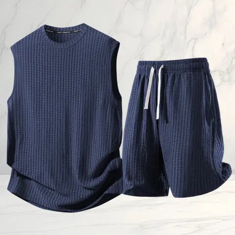 Men's Plain Chic Menswear 2-Piece Solid Color Cool Crew Neck Sleeveless Ribbed Tank Top & Shorts Set - Above-the-Knee Hem, Drawstring Closure, Breathable Design, Urban Minimalist Look, for Summer Homewear, Casual Outings