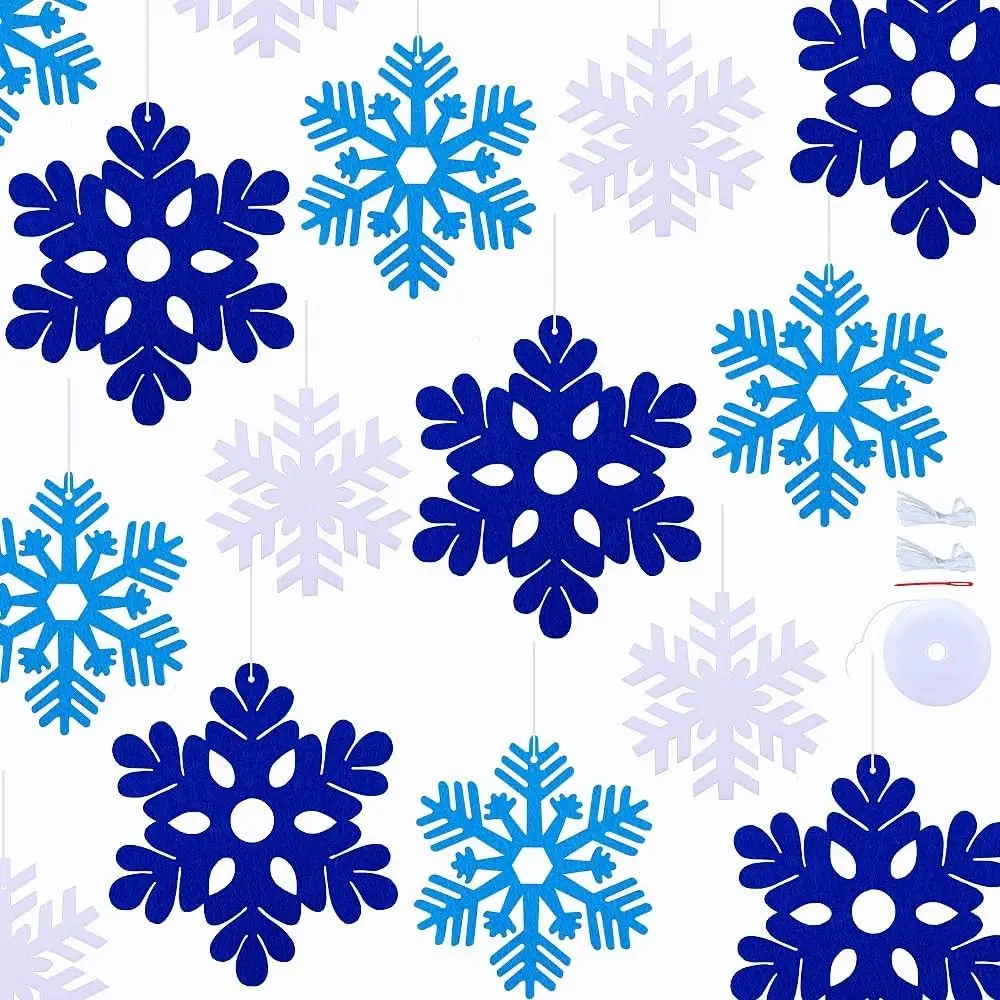 40 PCS Blue Snowflake Ornaments Felt Hanging Snowflake Ornaments Bulk Winter Snowflake Holiday Christmas Tree Ceilings Decorations
