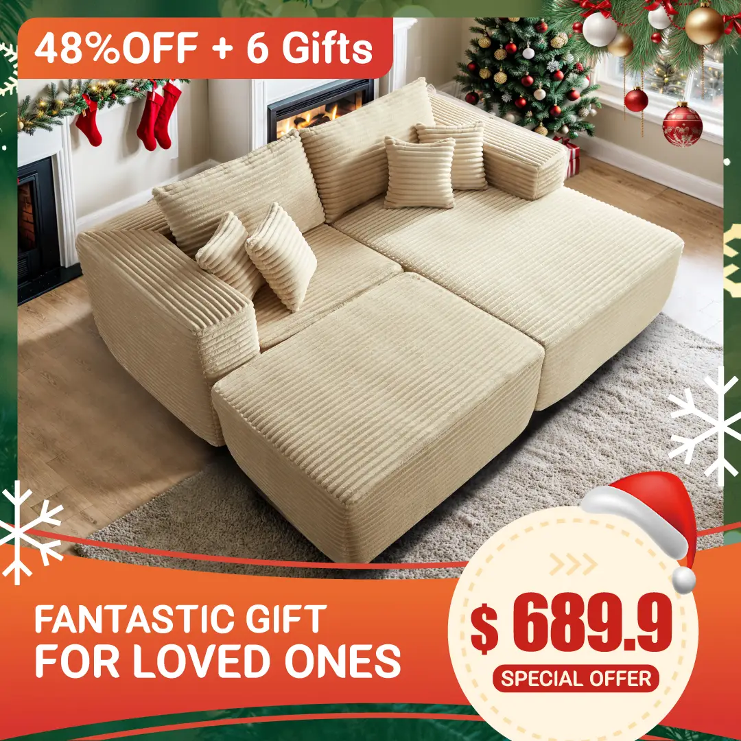 【2 Packages Shipping】Ovios 80"Modular Couch with Chaise&Ottoman, Sleeper Sofa - Plush Corduroy Fabric, No Assembly Required