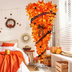 GO FT Orange Upside Down Christmas Tree with LED Warm Lights X mas Halloween themed Ornaments and Satin Ribbon