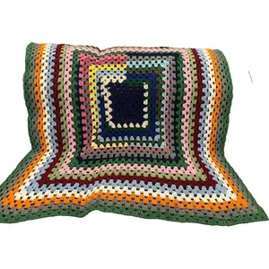 VTG Handmade 70s Style Granny Square Crocheted Afghan Multicolored Boho 45x45 in