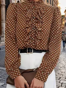 A ladies' brown polka dot ruffled stand-up collar long-sleeved bubble fitted blouse for an elegant style outfit Womenswear