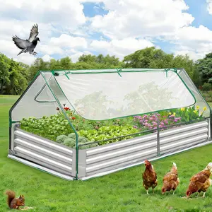 Raised Garden Bed with Cover, 6x3x1 Ft Outdoor Galvanized Metal Planter Box with 2 Large Screen Windows, Mini Greenhouse for Vegetables and Flowers, Clear Top Cover