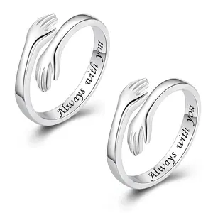 Hug Ring For Hope Rings,Adjustable Hugging Hands Open Engraved "Always With You" for Women Men - Love Promise Friendship Wedding Ring
