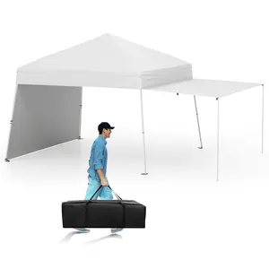 COSTWAY - 14 x 9.2 Feet Pop up Canopy Tent with 2 Convertible Sidewalls to Awning and Stakes-White