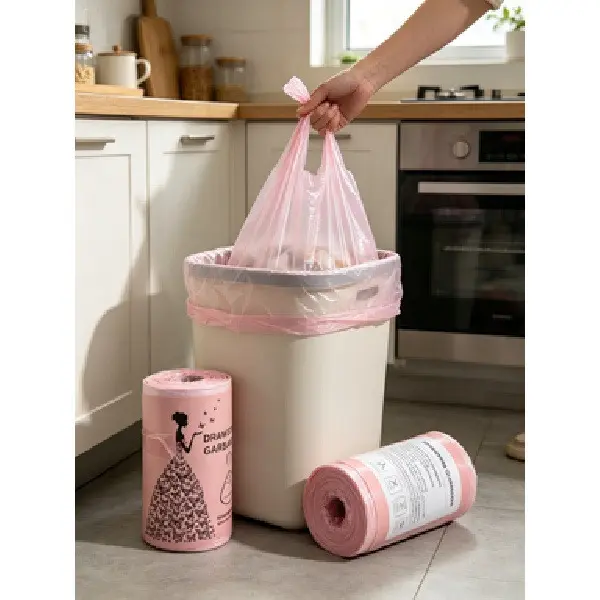50pcs Drawstring Trash Bags, Pink Disposable Garbage Bags with Beautiful Lady Pattern, Leakproof Tear Resistant Draw String Bin Liners for Kitchen Bathroom Home Office Picnic