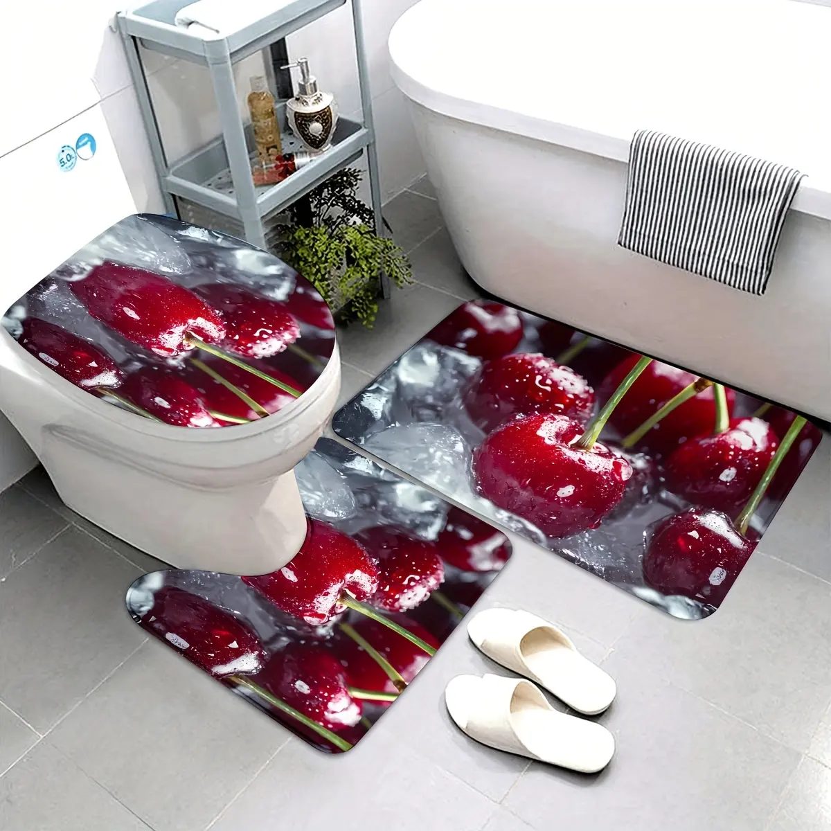 3pcs Fruit Series Cherry Print Bathroom Mats Set Includes Non-Slip Floor Mat, Toilet Seat Cover, Bath Mat, Bathroom Additions, Home Decor,piece,shower,Chenille,Rug,waffle,Loofah,rubber,backing,,U-Shaped,Diatomium,Mud,Blush,Tufted,Runner,Memory,Contour