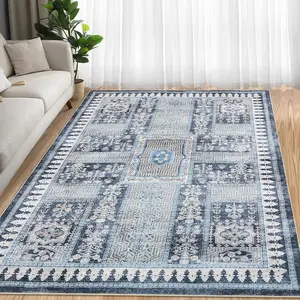 Vintage Living Room Area Rug Washable Foldable Oriental Accent Carpet Non Skid Retro Distressed Print Low-Pile Stain Resistant Floor Carpet Rugs for Bedroom Entryway