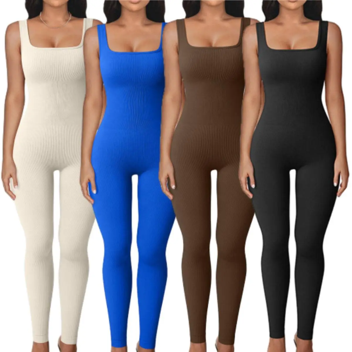 Women's Sleeveless Jumpsuits Ribbed Square Neck Ankle Split One Piece Tank Tops Yoga Jumpsuits sleeveless tank