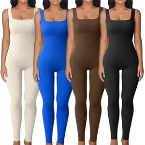 Women's Sleeveless Jumpsuits Ribbed Square Neck Ankle Split One Piece Tank Tops Yoga Jumpsuits sleeveless tank